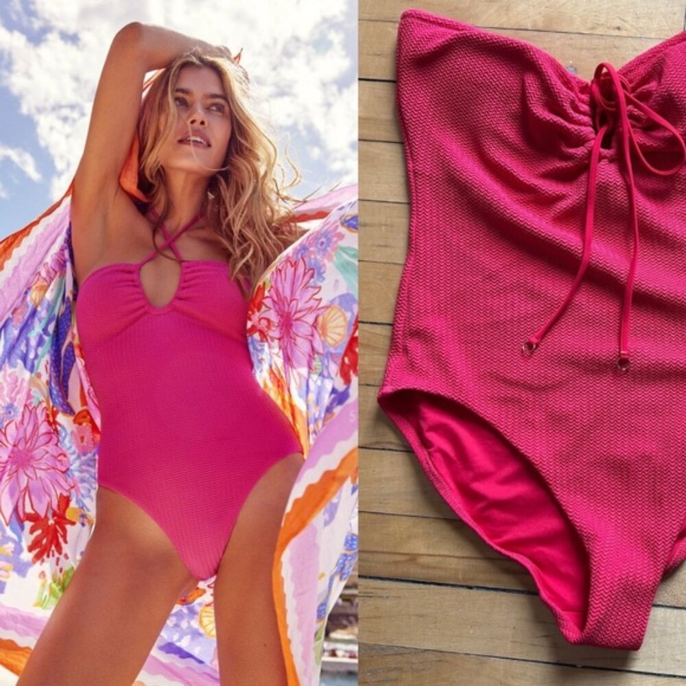 Seafolly Sz 12 Sea Dive Red Halter Textured One Piece Swimsuit